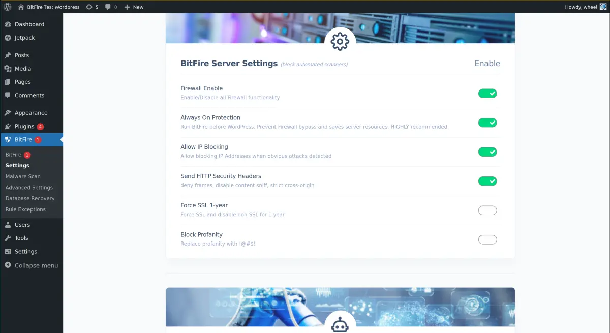 BitFire core settings screen