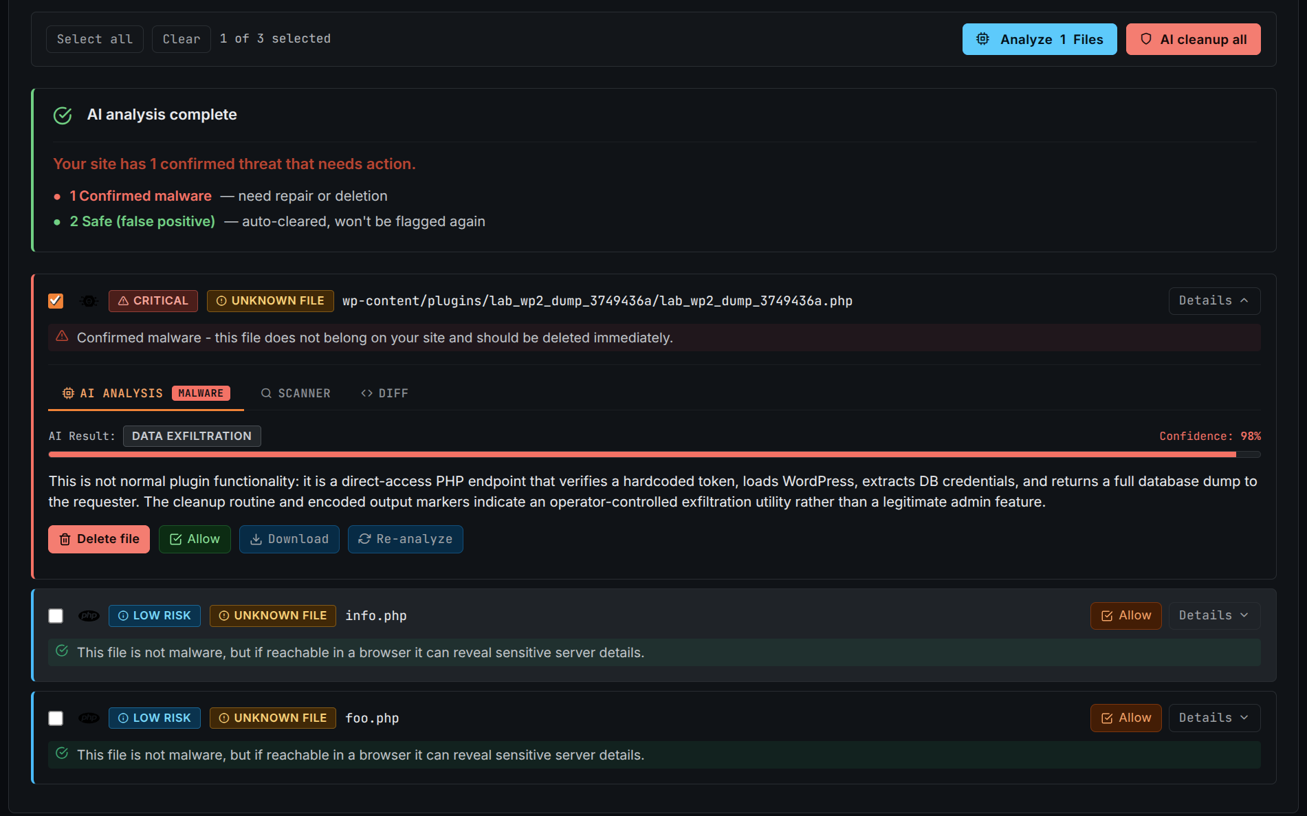 BitFire malware scanner showing AI-assisted analysis of a detected malware entry