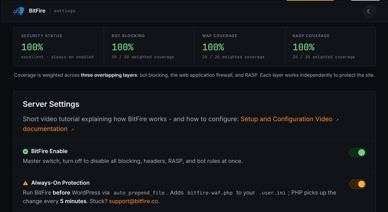 BitFire settings screen showing 100 percent website protection coverage